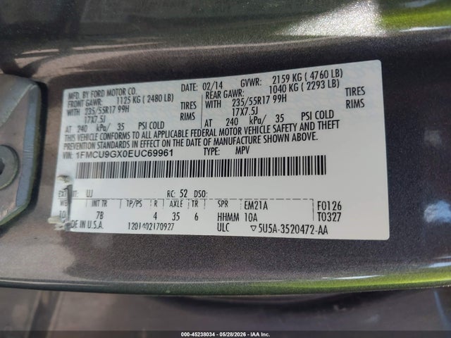 Продаж на аукціоні авто 2014 Ford Escape Se, vin: 1FMCU9GX0EUC69961, номер лоту: 45238034