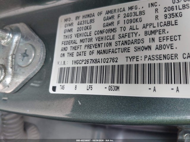 Продажа на аукционе авто 2008 Honda Accord 2.4 Ex, vin: 1HGCP267X8A102762, номер лота: 45238057