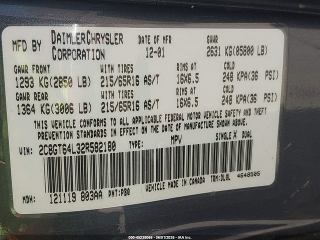 45238066 :رقم المزاد ، 2C8GT64L32R582180 vin ، 2002 Chrysler Town & Country Limited مزاد بيع
