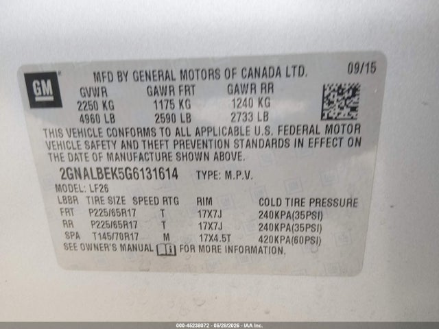 45238072 :رقم المزاد ، 2GNALBEK5G6131614 vin ، 2016 Chevrolet Equinox Ls مزاد بيع