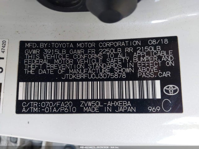 Aukcja sprzedaży 2018 Toyota Prius Two, vin: JTDKBRFU0J3075878, numer aukcji: 45238073