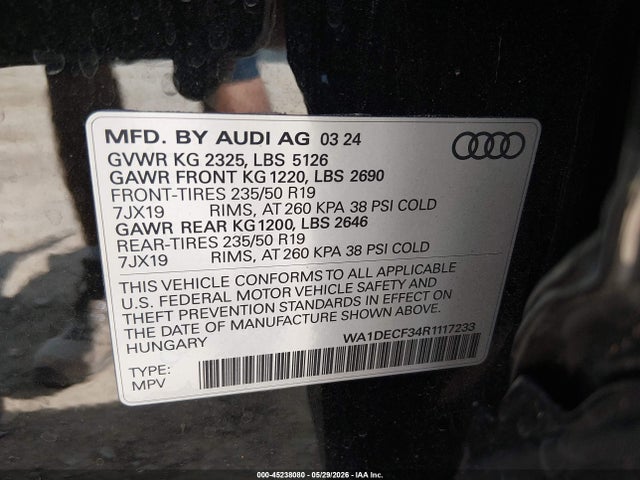 Aukcja sprzedaży 2024 Audi Q3 Premium 45 Tfsi S Line Quattro Tiptronic, vin: WA1DECF34R1117233, numer aukcji: 45238080