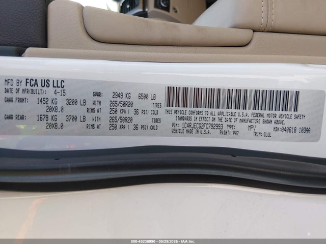 45238090 :رقم المزاد ، 1C4RJECG2FC792993 vin ، 2015 Jeep Grand Cherokee Overland مزاد بيع