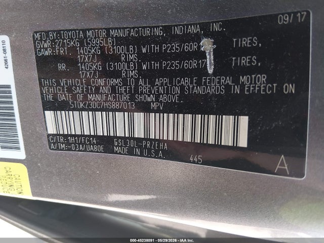2017 Toyota Sienna Le 8 Passenger მანქანა იყიდება აუქციონზე, vin: 5TDKZ3DC7HS887013, აუქციონის ნომერი: 45238091