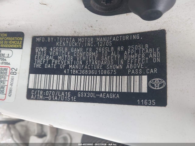 Aukcja sprzedaży 2006 Toyota Avalon Xls, vin: 4T1BK36B96U108675, numer aukcji: 45238092