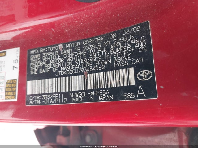Продажа на аукционе авто 2009 Toyota Prius, vin: JTDKB20U793464562, номер лота: 45238103