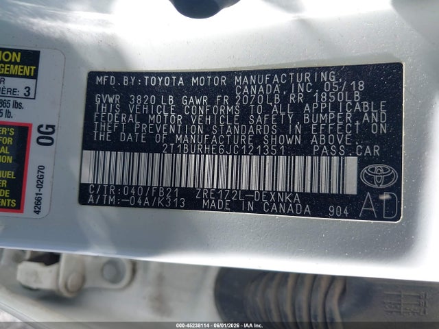 2T1BURHE6JC121351 Toyota COROLLA LE
