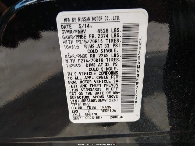 Продаж на аукціоні авто 2014 Nissan Rogue Select S, vin: JN8AS5MV6EW712281, номер лоту: 45238115