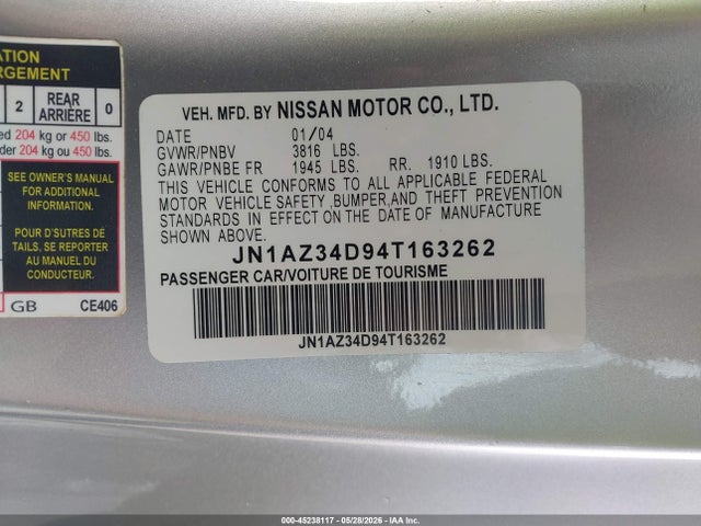 45238117 :رقم المزاد ، JN1AZ34D94T163262 vin ، 2004 Nissan 350z Touring مزاد بيع