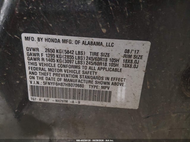 Honda Pilot Ex-l 2017 5FNYF6H87HB070980 Image 9