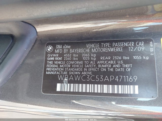 2010 Bmw 328i Xdrive მანქანა იყიდება აუქციონზე, vin: WBAWC3C53AP471169, აუქციონის ნომერი: 45238122