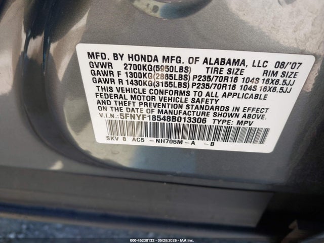 2008 Honda Pilot Ex-l მანქანა იყიდება აუქციონზე, vin: 5FNYF18548B013306, აუქციონის ნომერი: 45238132
