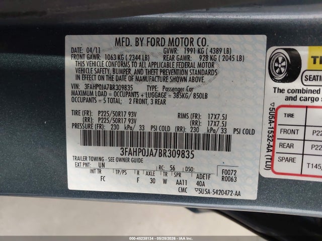 2011 Ford Fusion Sel მანქანა იყიდება აუქციონზე, vin: 3FAHP0JA7BR309835, აუქციონის ნომერი: 45238134