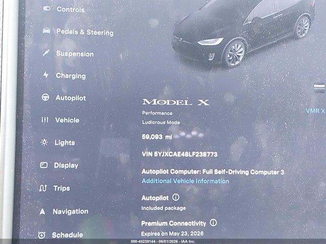 2020 Tesla Model X Performance Dual Motor All-wheel Drive მანქანა იყიდება აუქციონზე, vin: 5YJXCAE48LF238773, აუქციონის ნომერი: 45238144