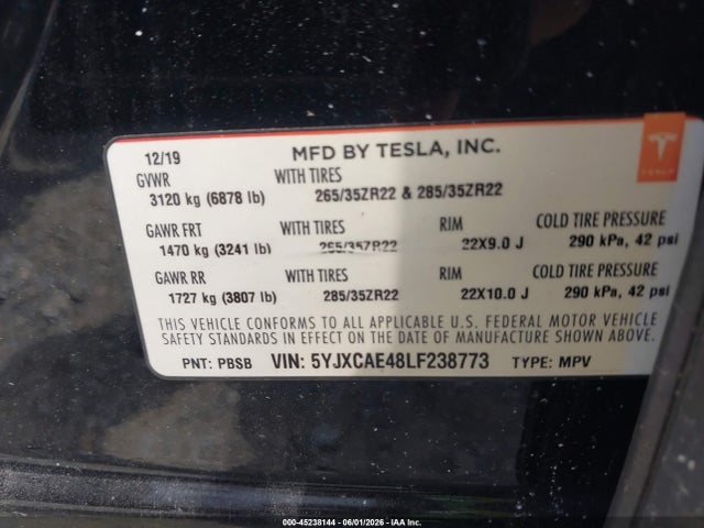 2020 Tesla Model X Performance Dual Motor All-wheel Drive მანქანა იყიდება აუქციონზე, vin: 5YJXCAE48LF238773, აუქციონის ნომერი: 45238144