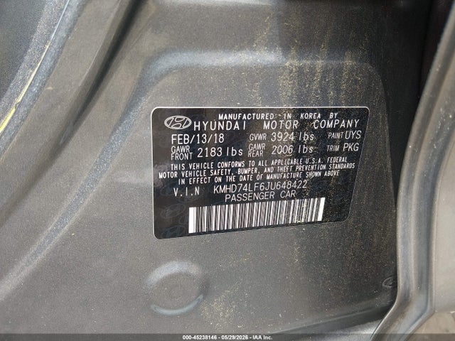 Продаж на аукціоні авто 2018 Hyundai Elantra Se, vin: KMHD74LF6JU648422, номер лоту: 45238146