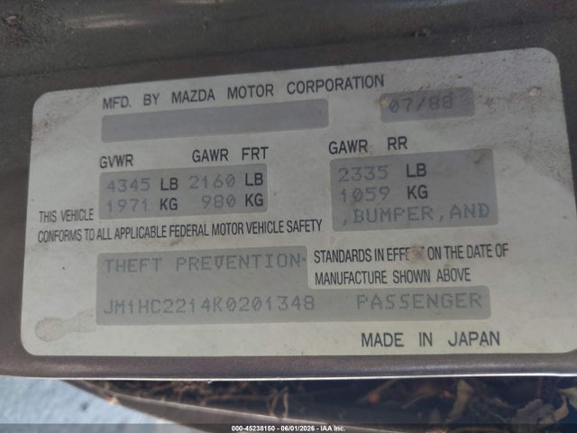 Продажа на аукционе авто 1989 Mazda 929, vin: JM1HC2214K0201348, номер лота: 45238150