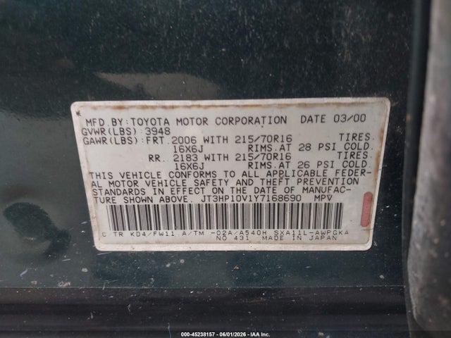 Aukcja sprzedaży 2000 Toyota Rav4, vin: JT3HP10V1Y7168690, numer aukcji: 45238157