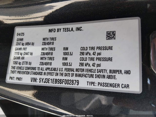 45238173 :رقم المزاد ، 5YJ3E1EB9SF002879 vin ، 2025 Tesla Model 3 Long Range All-wheel Drive مزاد بيع