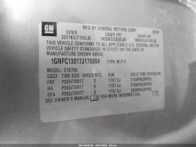 45238188 :رقم المزاد ، 1GNFC13017J178904 vin ، 2007 Chevrolet Tahoe Lt مزاد بيع