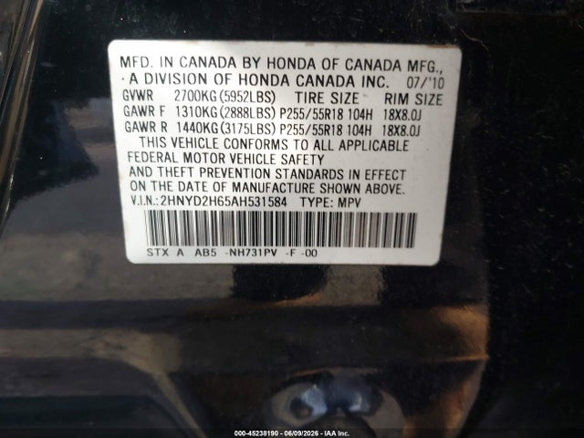 Aukcja sprzedaży 2010 Acura Mdx Technology Package, vin: 2HNYD2H65AH531584, numer aukcji: 45238190