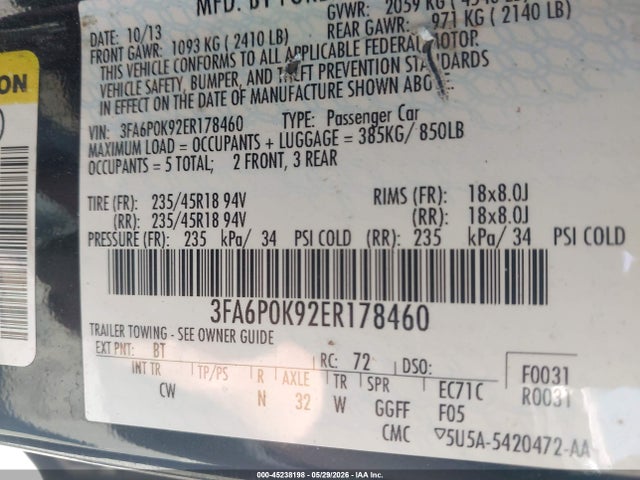 Aukcja sprzedaży 2014 Ford Fusion Titanium, vin: 3FA6P0K92ER178460, numer aukcji: 45238198