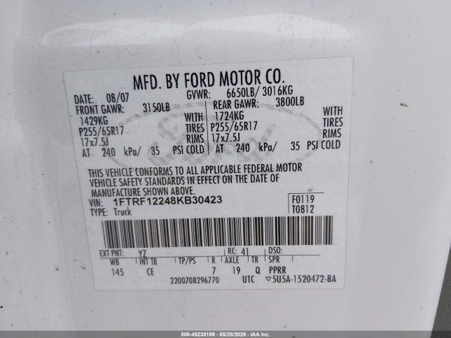 2008 Ford F-150 Stx/xl/xlt მანქანა იყიდება აუქციონზე, vin: 1FTRF12248KB30423, აუქციონის ნომერი: 45238199