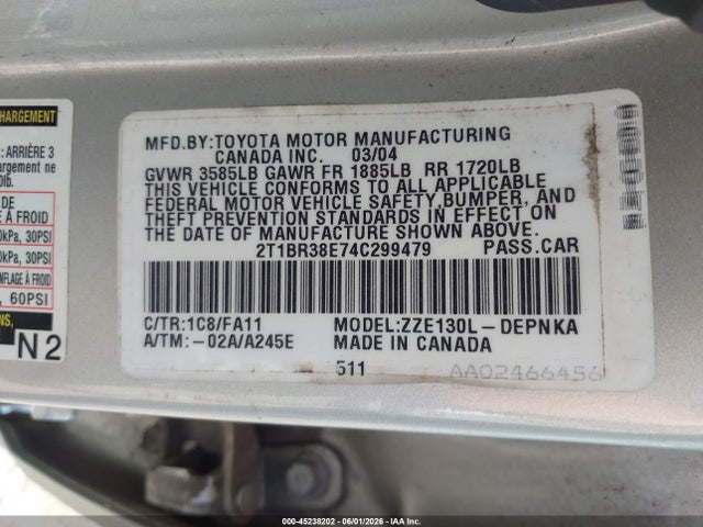 45238202 :رقم المزاد ، 2T1BR38E74C299479 vin ، 2004 Toyota Corolla Le مزاد بيع