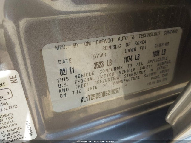 45238214 :رقم المزاد ، KL1TD5DE0BB219267 vin ، 2011 Chevrolet Aveo 1lt مزاد بيع