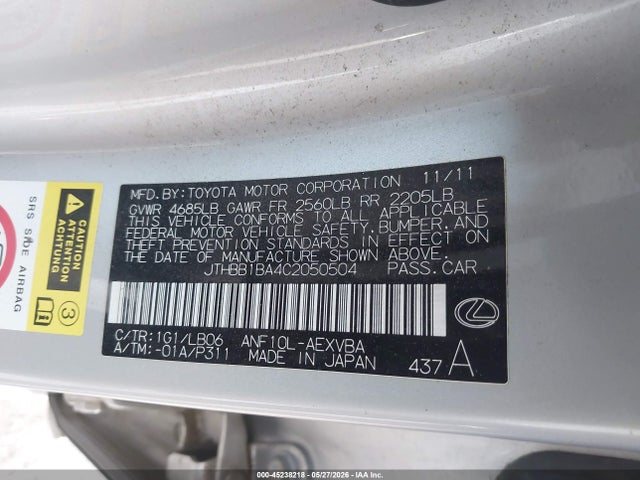 Aukcja sprzedaży 2012 Lexus Hs 250h, vin: JTHBB1BA4C2050504, numer aukcji: 45238218