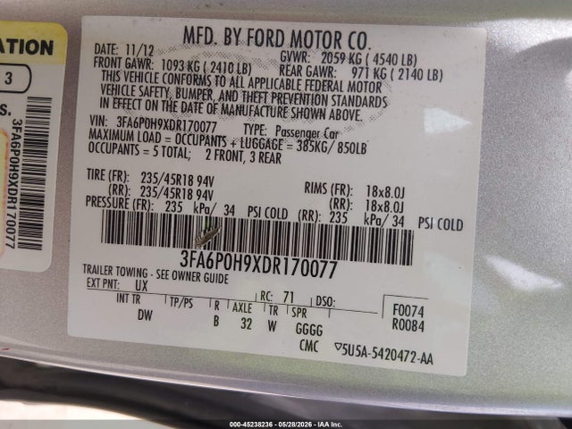 Продажа на аукционе авто 2013 Ford Fusion Se, vin: 3FA6P0H9XDR170077, номер лота: 45238236