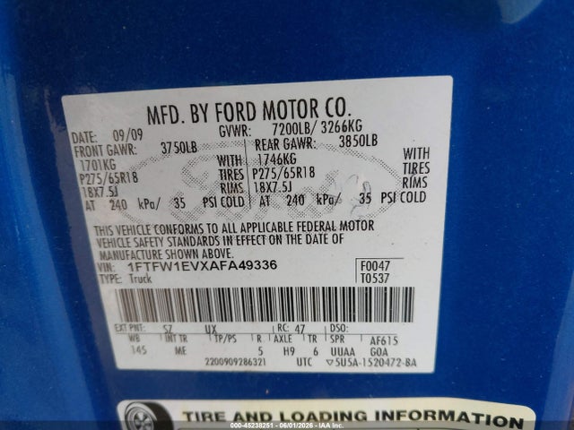2010 Ford F-150 Fx4/harley-davidson/king Ranch/lariat/platinum/xl/xlt მანქანა იყიდება აუქციონზე, vin: 1FTFW1EVXAFA49336, აუქციონის ნომერი: 45238251