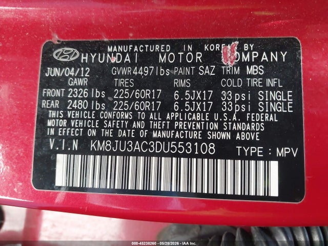 45238260 :رقم المزاد ، KM8JU3AC3DU553108 vin ، 2013 Hyundai Tucson Gls مزاد بيع