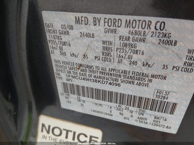 Продажа на аукционе авто 2008 Ford Escape Hybrid, vin: 1FMCU49H38KD74096, номер лота: 45238259