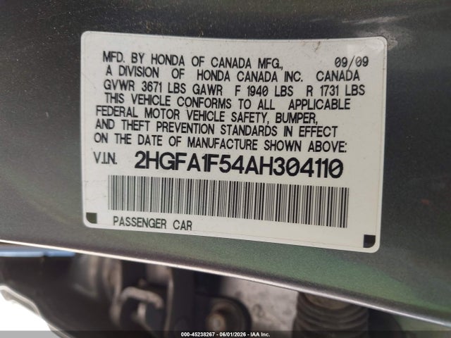 45238267 :رقم المزاد ، 2HGFA1F54AH304110 vin ، 2010 Honda Civic Lx مزاد بيع