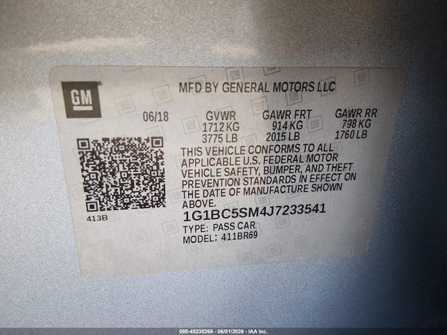 45238268 :رقم المزاد ، 1G1BC5SM4J7233541 vin ، 2018 Chevrolet Cruze Ls Auto مزاد بيع
