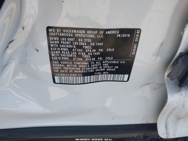 Aukcja sprzedaży 2018 Volkswagen Atlas 3.6l V6 Se/3.6l V6 Se W/technology, vin: 1V2LR2CA1JC581722, numer aukcji: 45238270