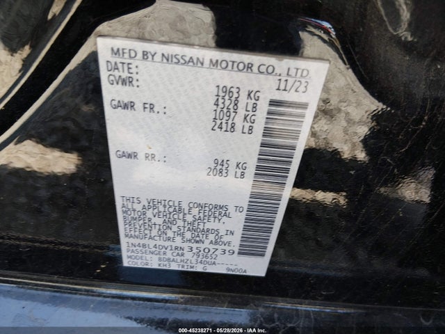 Продажа на аукционе авто 2024 Nissan Altima Sv Fwd, vin: 1N4BL4DV1RN350739, номер лота: 45238271