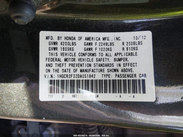 Aukcja sprzedaży 2013 Honda Accord Lx, vin: 1HGCR2F32DA051842, numer aukcji: 45238274
