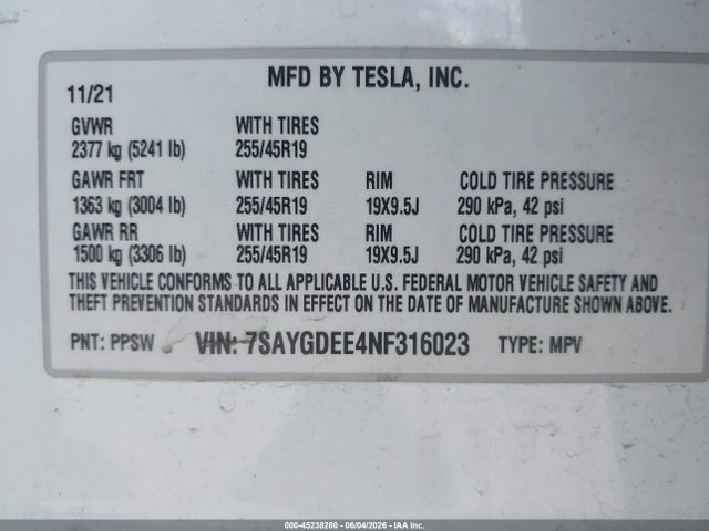 Продажа на аукционе авто 2022 Tesla Model Y Long Range Dual Motor All-wheel Drive, vin: 7SAYGDEE4NF316023, номер лота: 45238280