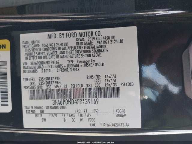 Продажа на аукционе авто 2015 Ford Fusion Se, vin: 3FA6P0HD4FR139169, номер лота: 45238281