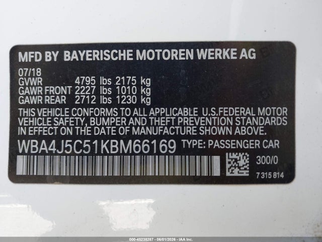 2019 Bmw 440i Gran Coupe მანქანა იყიდება აუქციონზე, vin: WBA4J5C51KBM66169, აუქციონის ნომერი: 45238287