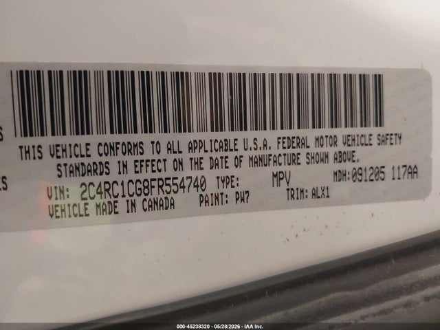 2015 Chrysler Town & Country Touring-l მანქანა იყიდება აუქციონზე, vin: 2C4RC1CG8FR554740, აუქციონის ნომერი: 45238320