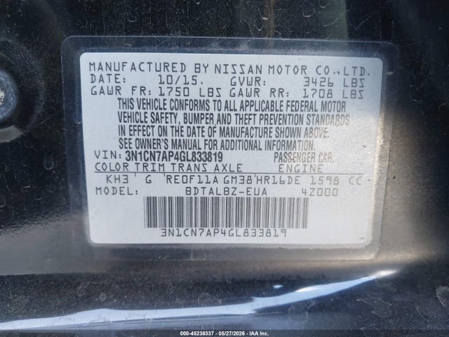 3N1CN7AP4GL833819 Nissan Versa 1.6 Sv