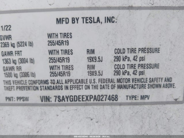 Продажа на аукционе авто 2023 Tesla Model Y, vin: 7SAYGDEEXPA027468, номер лота: 45238344