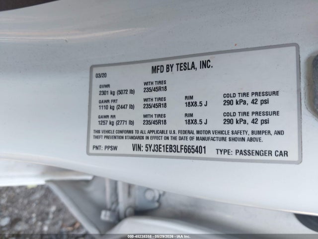 45238358 :رقم المزاد ، 5YJ3E1EB3LF665401 vin ، 2020 Tesla Model 3 Long Range Dual Motor All-wheel Drive مزاد بيع