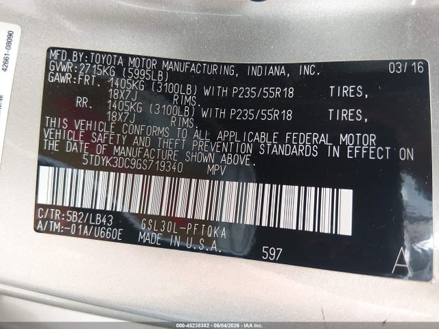 45238382 :رقم المزاد ، 5TDYK3DC9GS719340 vin ، 2016 Toyota Sienna Limited 7 Passenger مزاد بيع