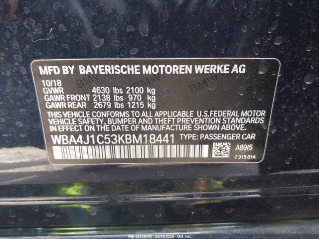 Aukcja sprzedaży 2019 Bmw 430i Gran Coupe, vin: WBA4J1C53KBM18441, numer aukcji: 45238392