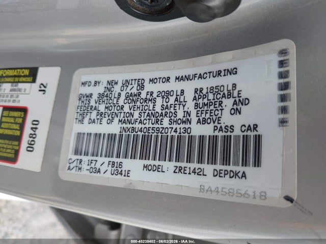 2009 Toyota Corolla Le მანქანა იყიდება აუქციონზე, vin: 1NXBU40E59Z074130, აუქციონის ნომერი: 45238402