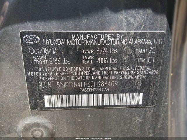 Aukcja sprzedaży 2018 Hyundai Elantra Sel, vin: 5NPD84LF6JH286409, numer aukcji: 45238409